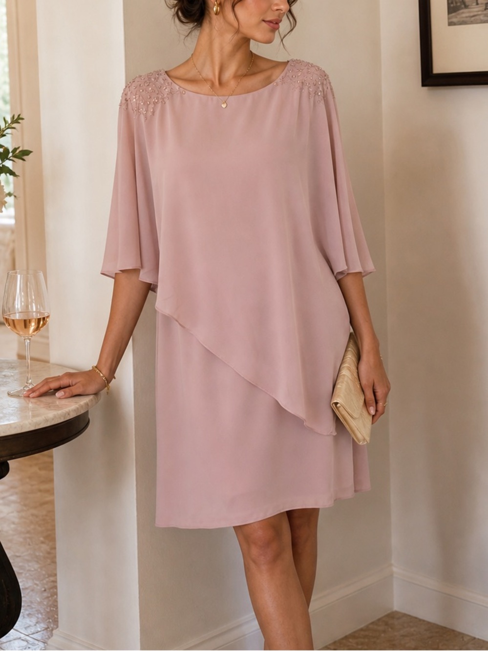 Elegant Blush Pink Chiffon Wedding Dress